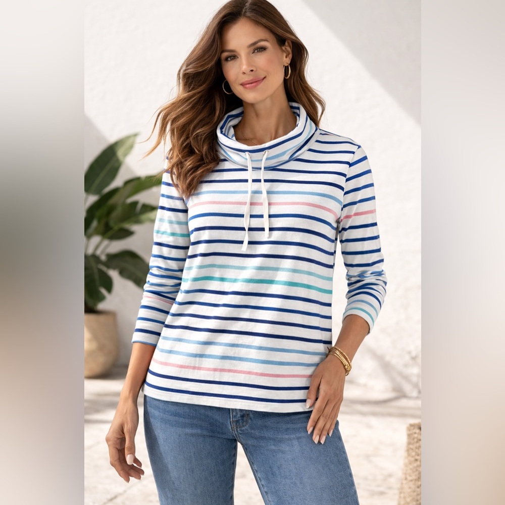 T by Talbots Striped Cowl Neck Pullover Top Size L Drawstring Neck